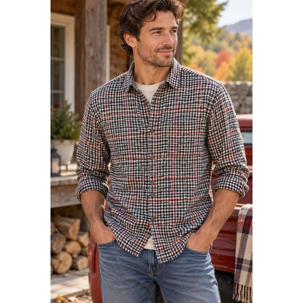 Marine Layer Men Large Plaid Flannel Button Down Shirt Navy Red Cotton Heritage